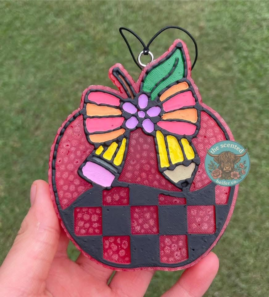 Checkered Apple W/ Pencil Bow Freshie Silicone Mold