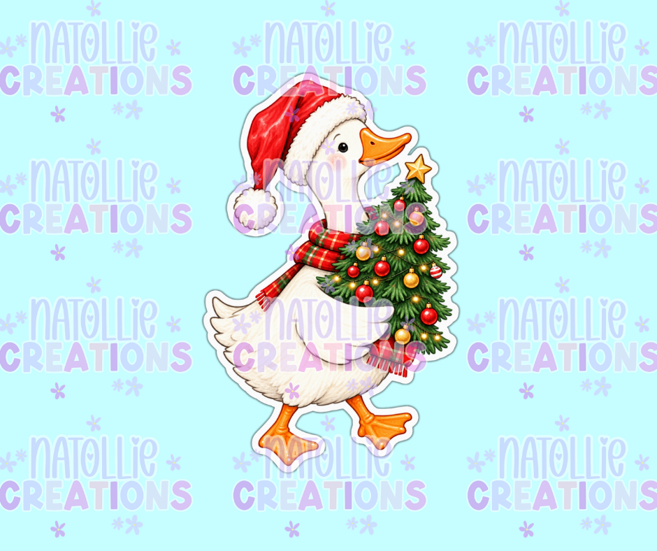 Santa Goose Holding Christmas Tree Die Cut Sticker