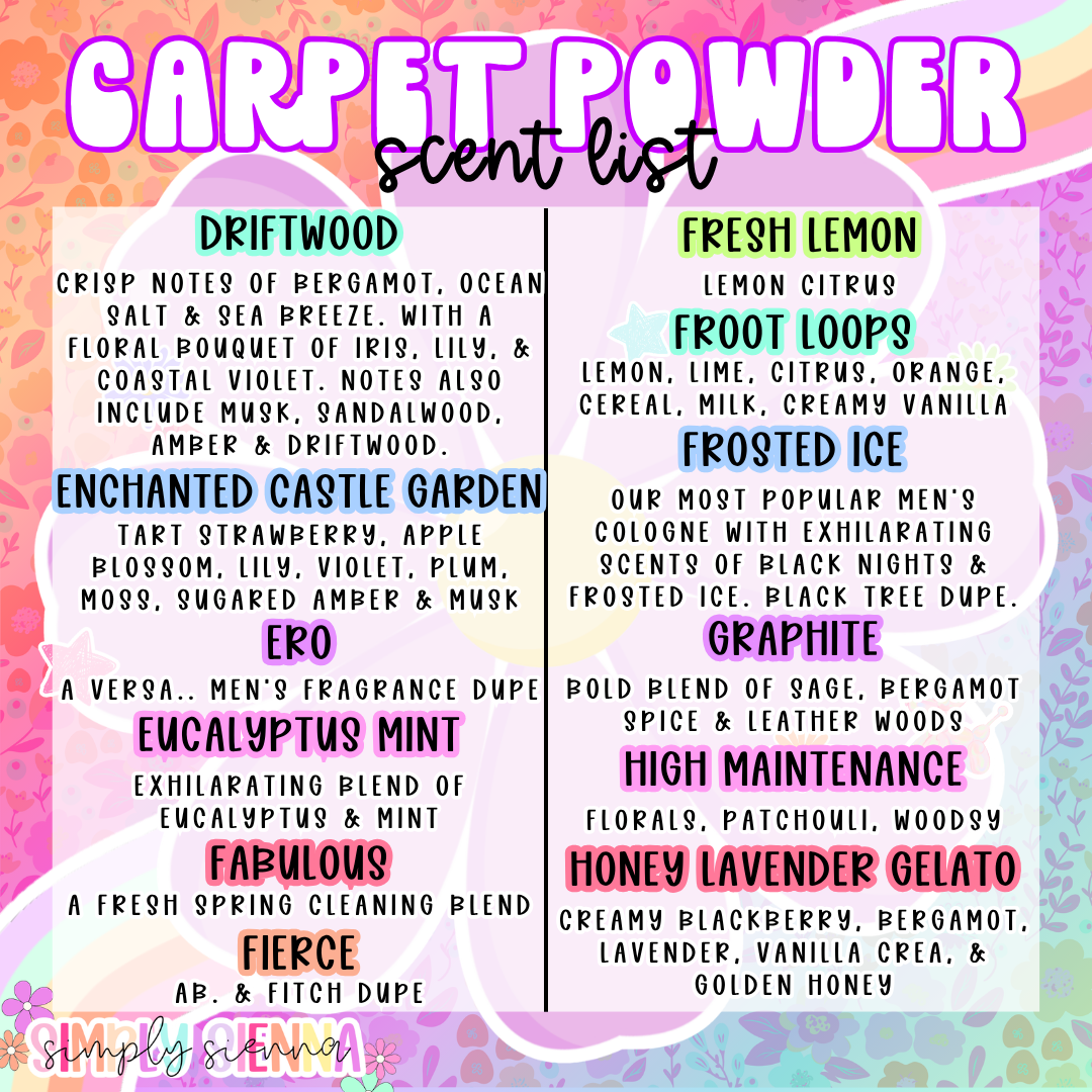 Carpet powder & Mop water refresher - 7 oz, 16 oz, 16 oz refill, 1 oz