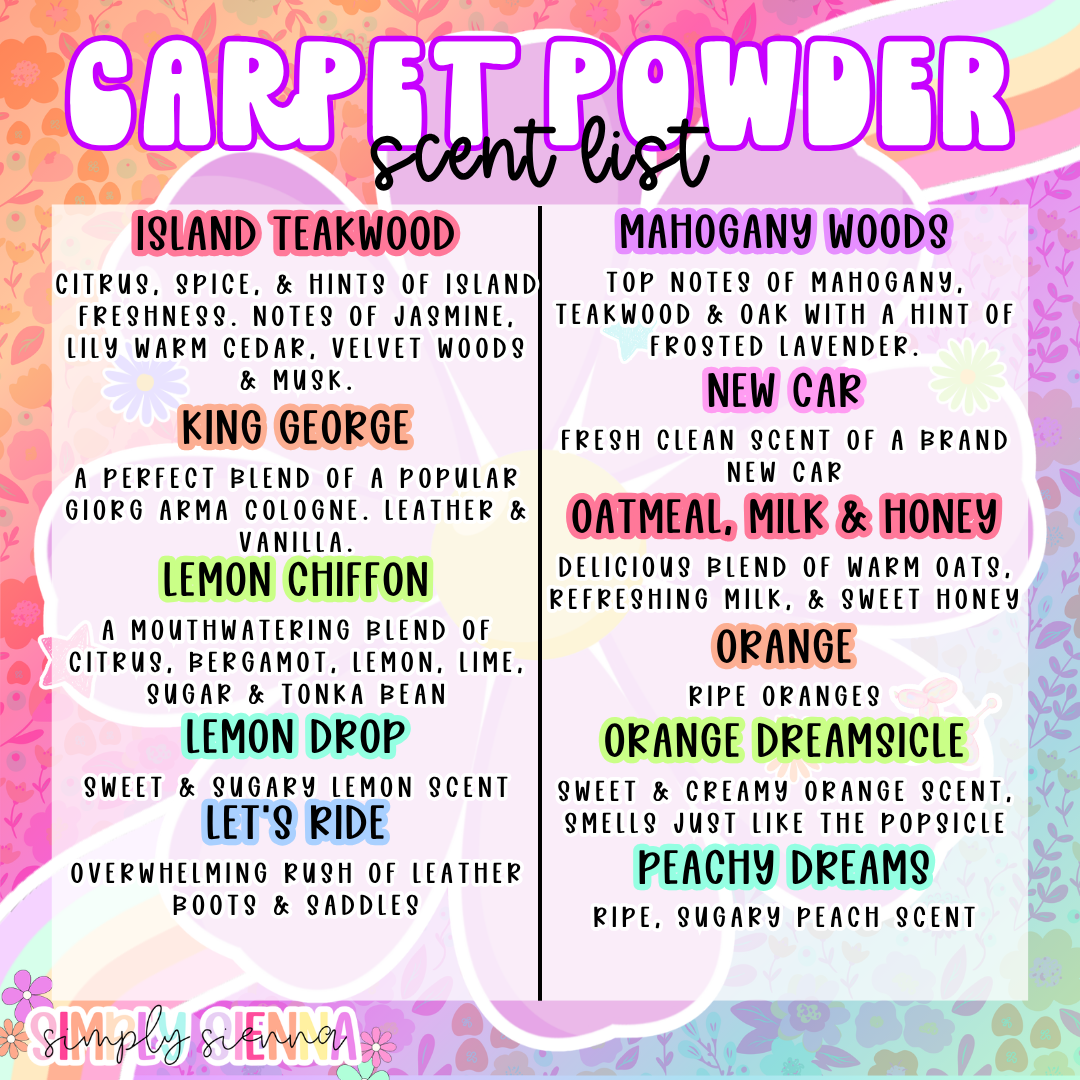 Carpet powder & Mop water refresher - 7 oz, 16 oz, 16 oz refill, 1 oz